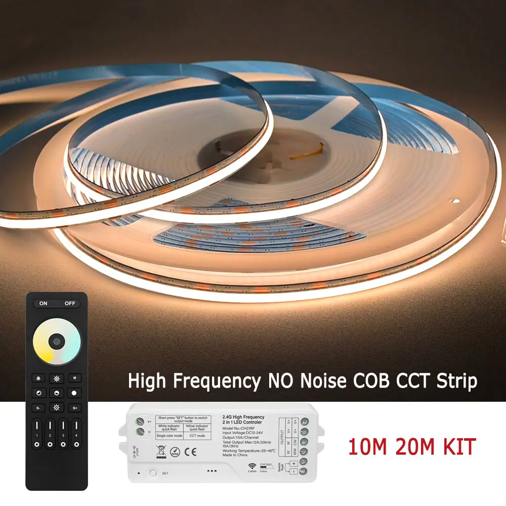 no-noise-flicker-free-5m-10m-20m-cob-cct-led-strip-24v-dimmable-ceiling-room-light-24g-rf-remote-control-dual-white-2700k-6500k