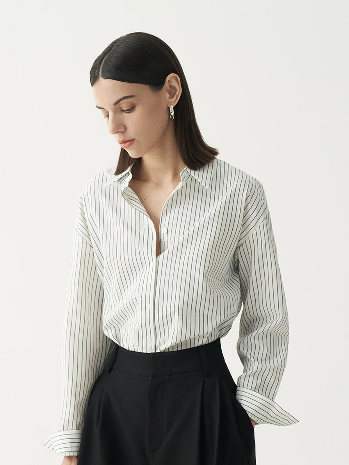 

Shallow Streams Classic Striped Long Sleeve Shirt Women's Business Casual Spring Commute Interview Top Lightweight Luxury Feel