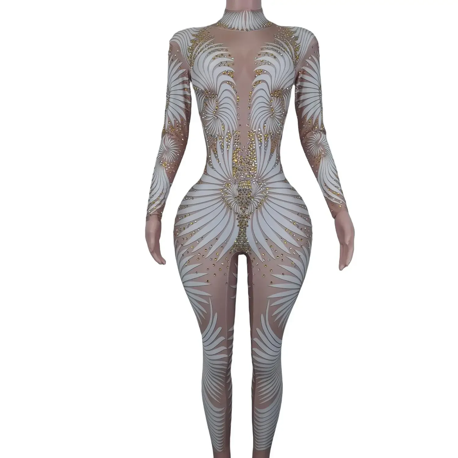 Fashion Long Sleeve Pattern Diamond Party Club Bodysuit Stripper Outfit Dance Show Leotard Sexy Women Stage Performance Jumpsuit