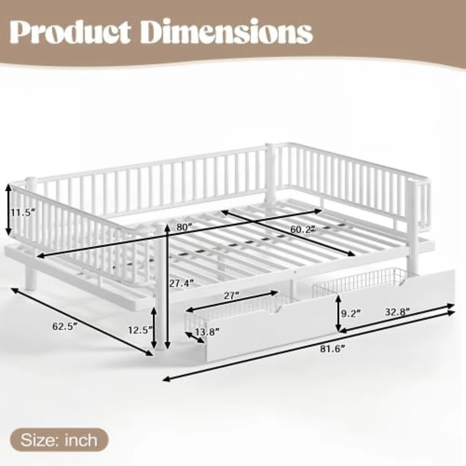 Metal Queen Daybed Frame with Storage Drawers & Detachable Fence, Can be Transformed into Platform Bed, Queen Size