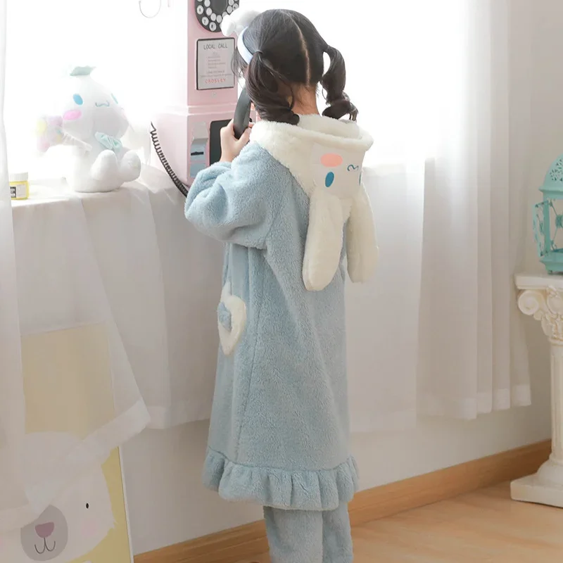 Kawaii Anime Sanrio Cinnamoroll Children\'s Sleepwear Flannel Warm Cute Cartoon Winter Pajamas Loungewear for Christmas Cute Girl