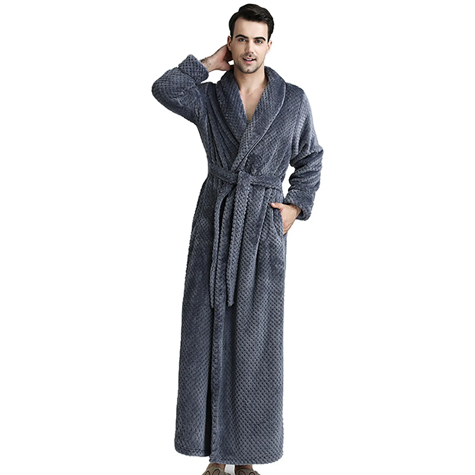 

Couple Long Bath Robe Dressing Gown Flannel Fleece Soft Bathrobe Solid Color Causal Fashion Lace-Up Couple Bathrobe With Pockets