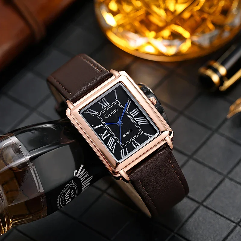 New Fashion Luxury Designer Rectangle Dial Quartz Watch Men Leather Band Casual Wrist watch Relogio Masculino uhren herren reloj