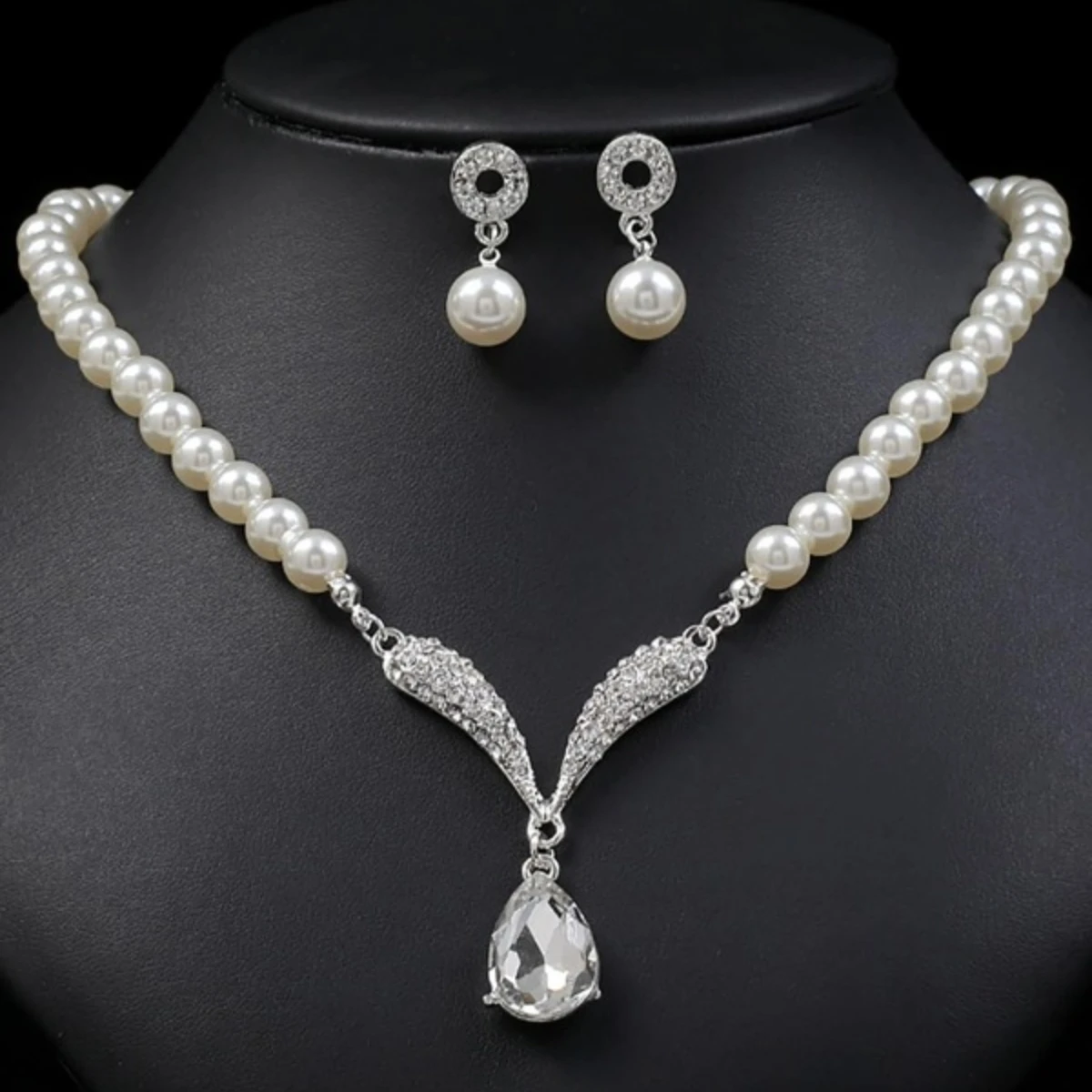 3PC Women\'s Fashion Trend Pearl Droplet Necklace Earrings Jewelry Set Wedding Banquet Party Festival Gift