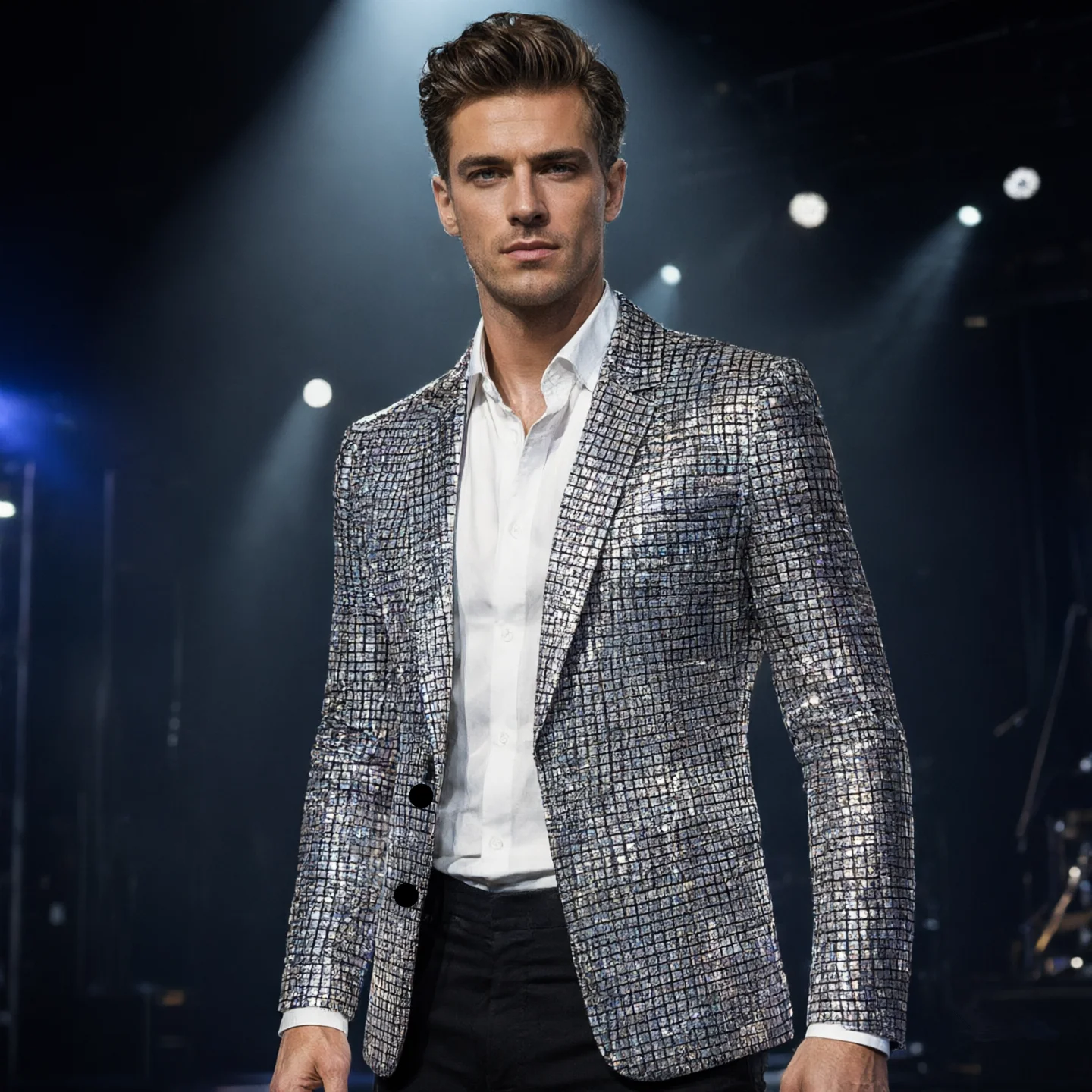 Gold Stretch Men's Suit Jacket, Wedding Party Performance Outerwear, Square Check Pattern Accents Blazers, European Sizes Tops.