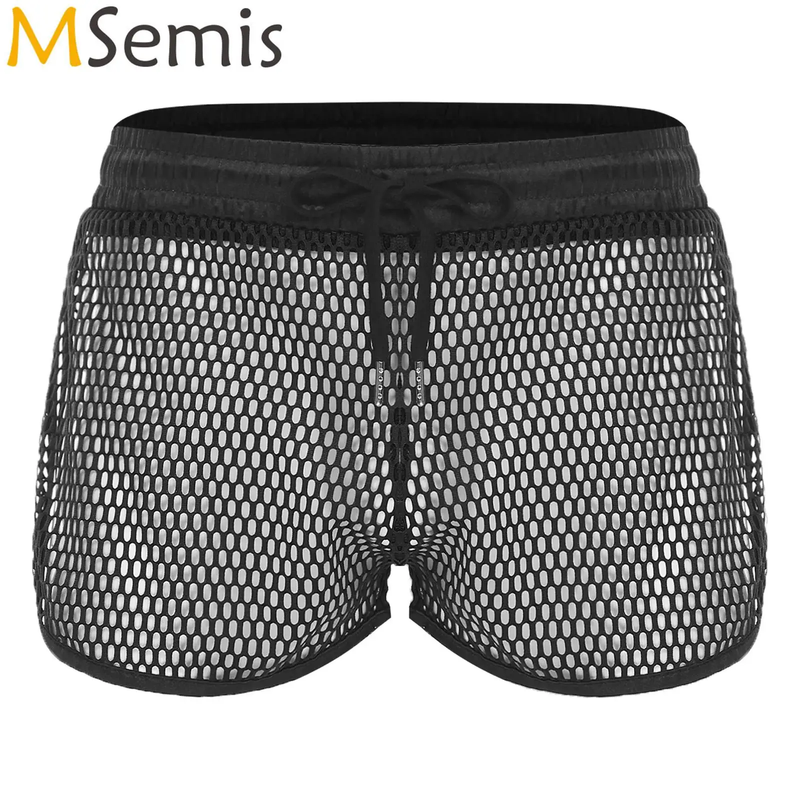 

Mens Hollow Out Mesh Swimming Shorts Drawstring Elastic Waistband Contract Trim Sides Split Athletic Shorts with Back Pocket