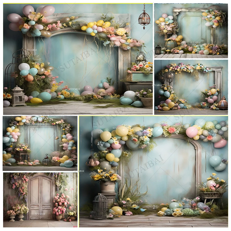 

Easter Photography Backgrounds Pastel Door Bunny Eggs Flowers Decoration Kids Portrait Photo Backdrops Studio Props Banner