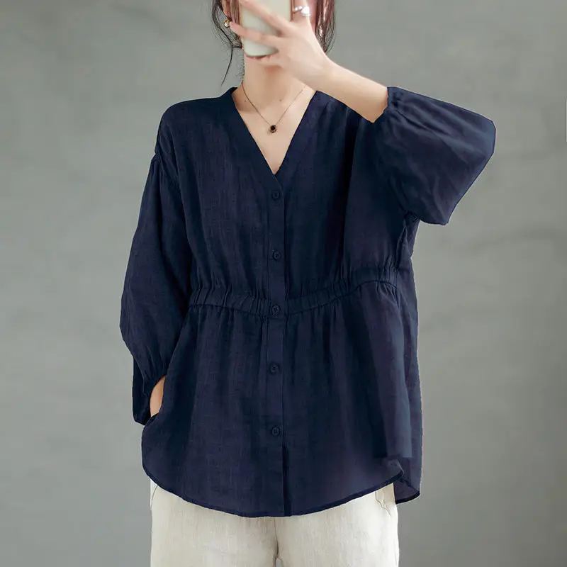 Oversize Cotton Ramie Ladies Tops Summer Fashion Retro Woman Shirt Ethnic Style Imitation Linen Thin Loose Casual Blouse 2023