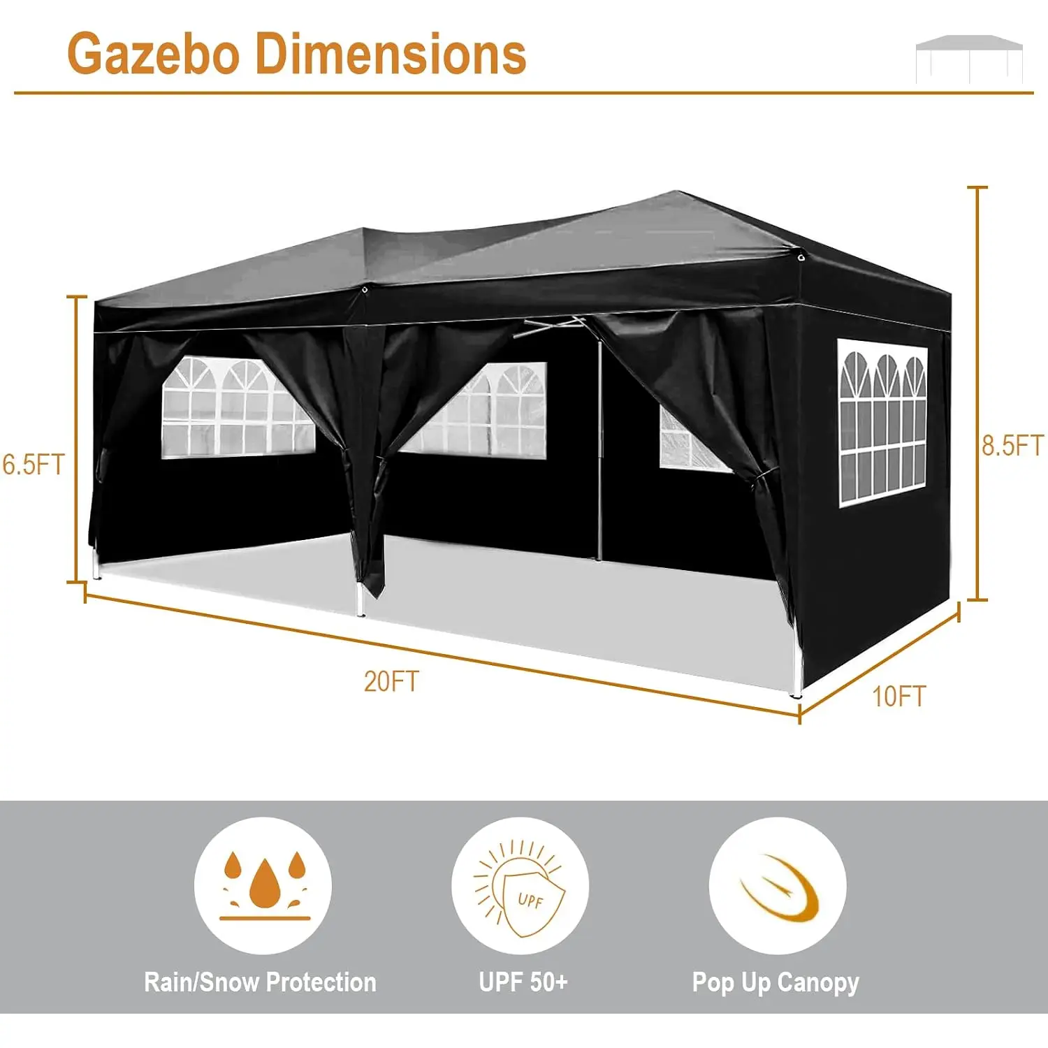 10x20 Black Pop Up Canopy Outdoor Party Tent with 6 Sidewalls, Wedding Party Tent Outdoor Waterproof UV50 Canopy, Customized view 3