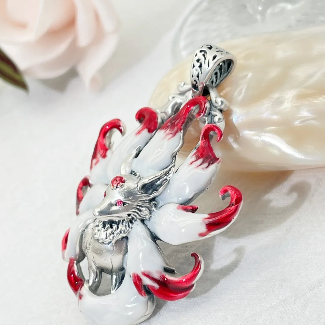 Chinese Elements Multi Colored Enamel Water Red Nine Tailed Fox Pendant Necklace Women\'s High End Banquet Jewelry Necklace