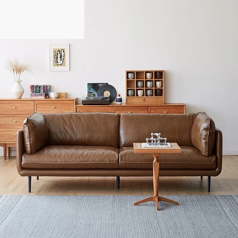 

American oil wax leather sofa retro living room small apartment straight row sofa modern simple medieval leather sofa