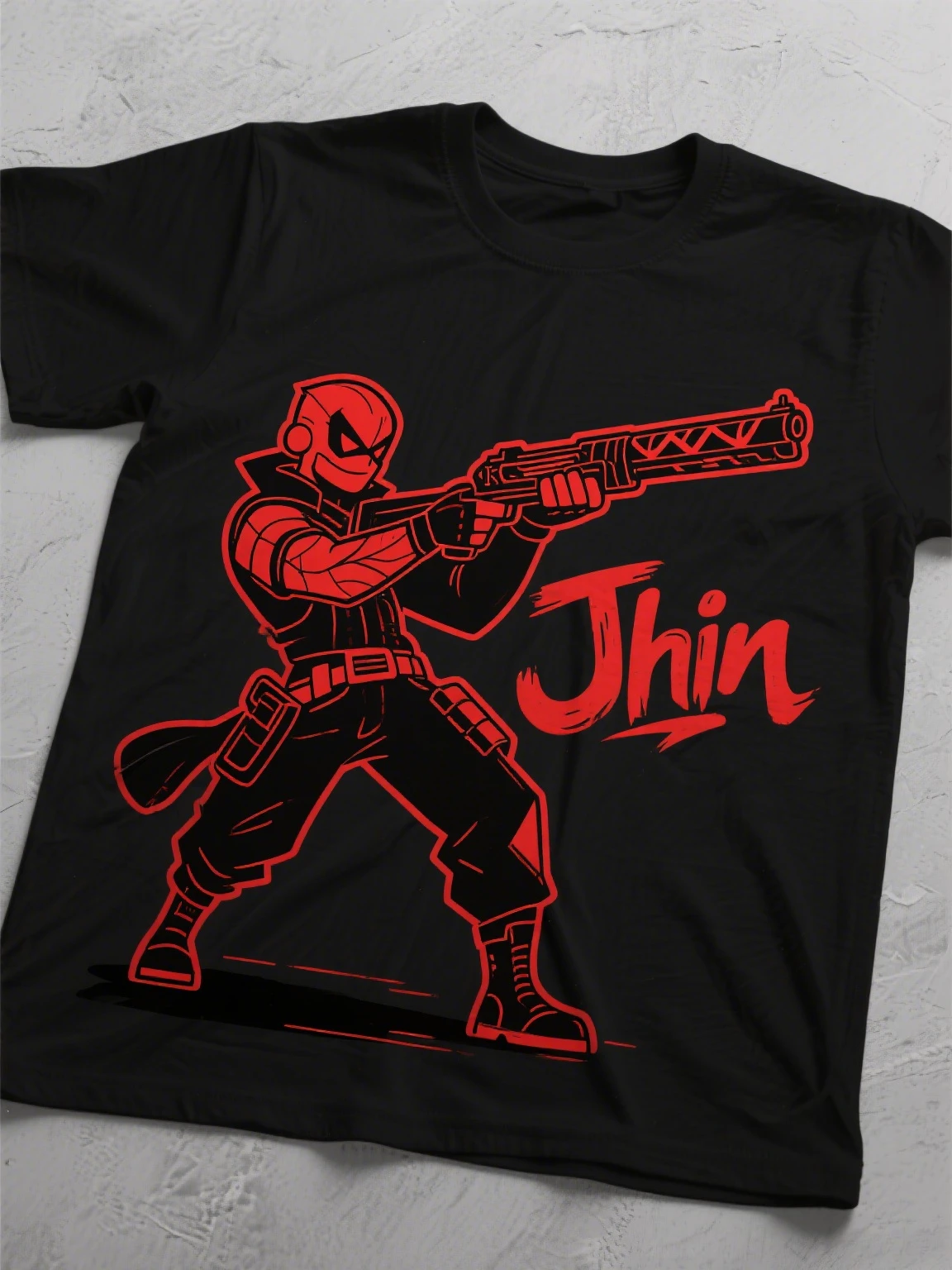 

Модная хлопковая футболка: Bold Jhin Illustration с красными акцентами, Must - Have for League Aficionados Harajuku Gothic Style