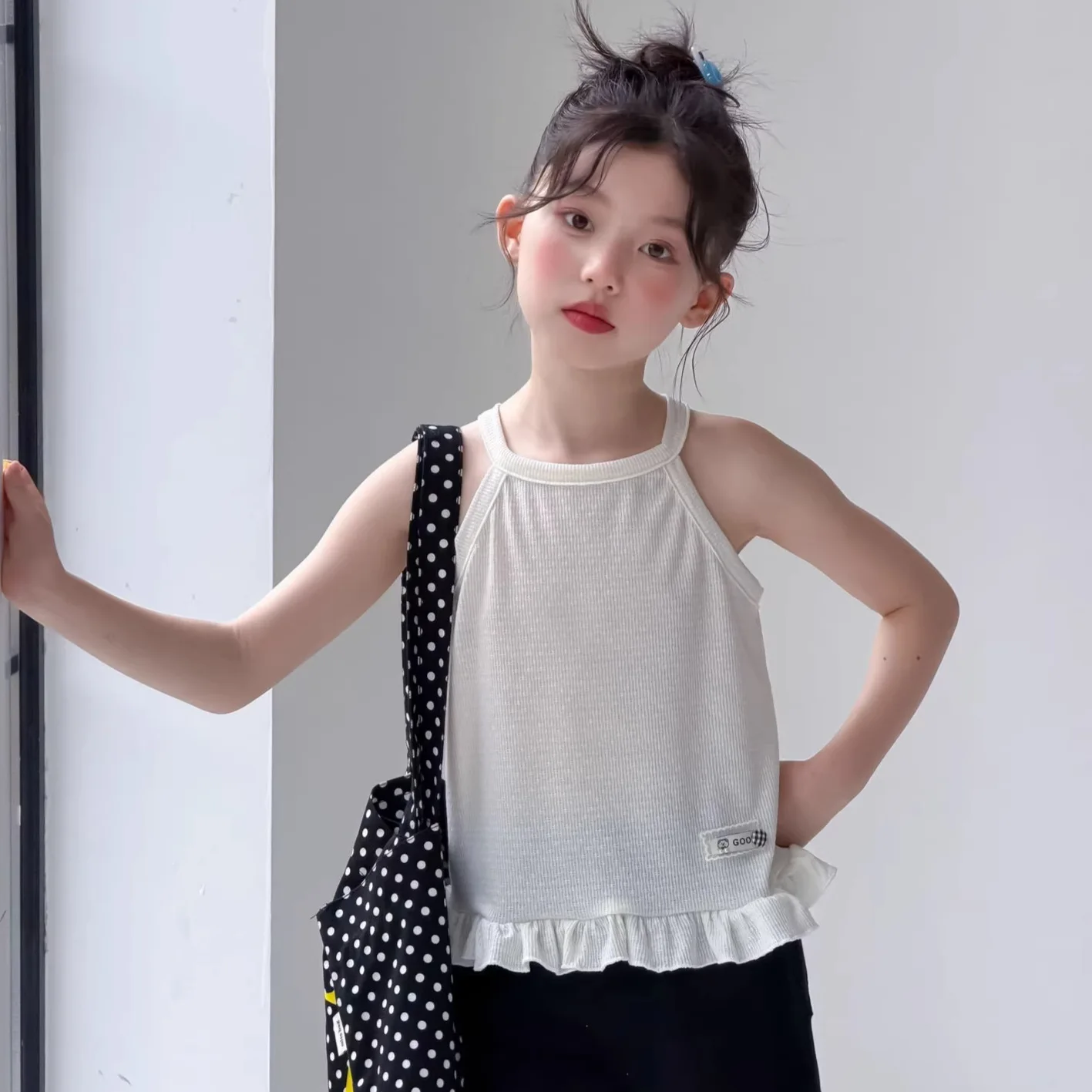 Girls' Summer Neck Hanging Tank Top 2026 Summer Style Children's Solid Color Sleeveless Bottom Shirt