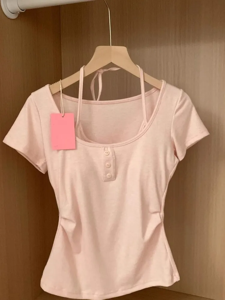 Pink Pure Cotton Short Sleeve T-Shirt Women's Summer Slim Fit Waist Cinching Design Sense Fake Two-Piece Top Commute Style