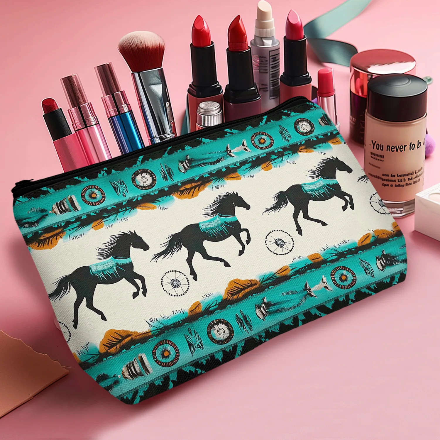 1Pc Horse Printed Makeup Bag Native Indian Style Fashion Cosmetic Toiletry Travel Organizer For Women Travel Casual