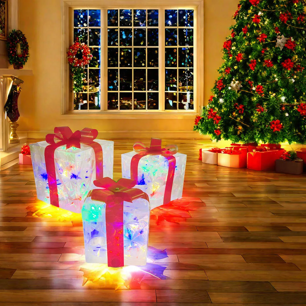 3pcs/set Glowing Christmas Gift Boxes with Bow Christmas Party Ornament Outdoor Yard Valentine Xmas Surprise Gift Box Navidad