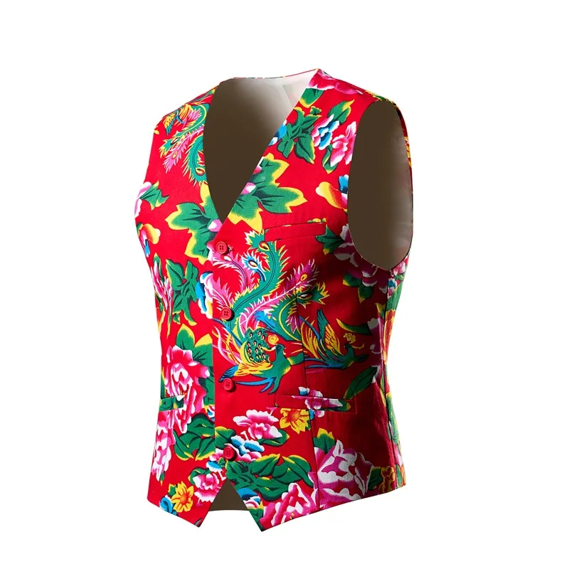 

Men's Asian Sizing, Large Floral Pattern Waistcoat, Pure Cotton Fabric with Distinctive Print, Showcasing Individual Style.