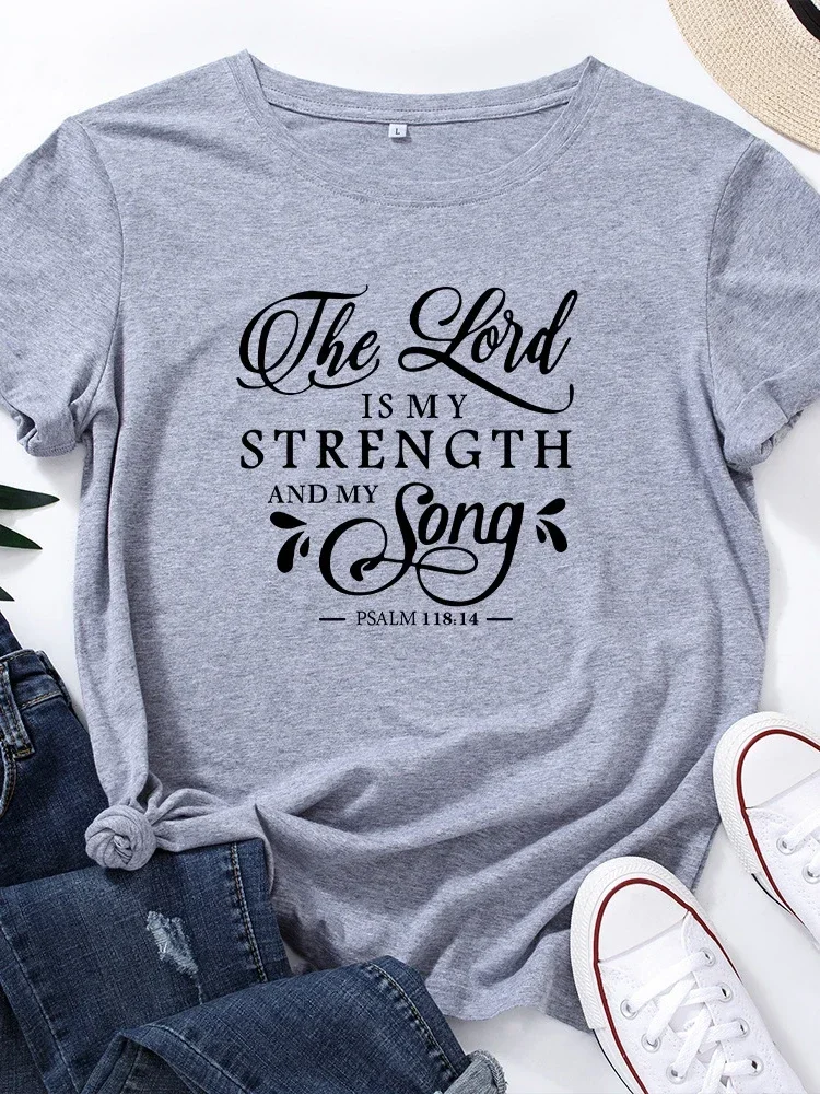 เสื้อยืดพิมพ์ลาย Lord IS My Strength เสื้อยืดคอกลมแขนสั้นทรงหลวมสำหรับผู้หญิงใส่ในฤดูร้อนเสื้อยืดลำลองเสื้อท่อนบน