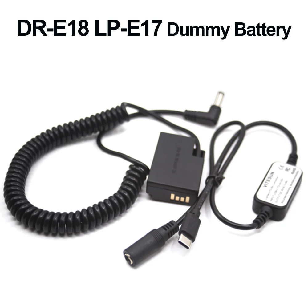 

LP E17 Dummy Battery DR-E18 DC Coupler USB C Cable Adapter Fit for Canon EOS RP 8000D 9000D SL2 SL3 T6s X8i X9 X9i X10 Camera