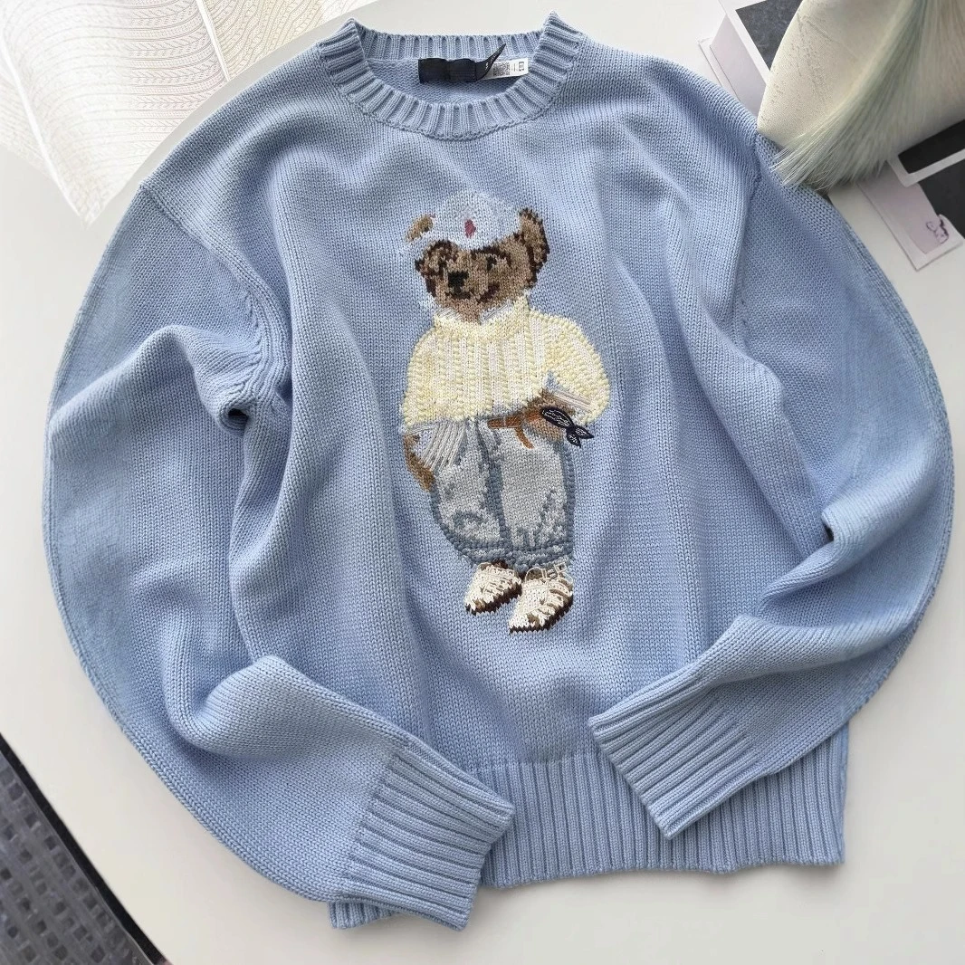 

Cartoon Bear Knit Sweater, Women's Heavy Embroidery Cotton Top, RL Inspired Cable Pullover, Soft Casual Crewneck Winter Fashion​