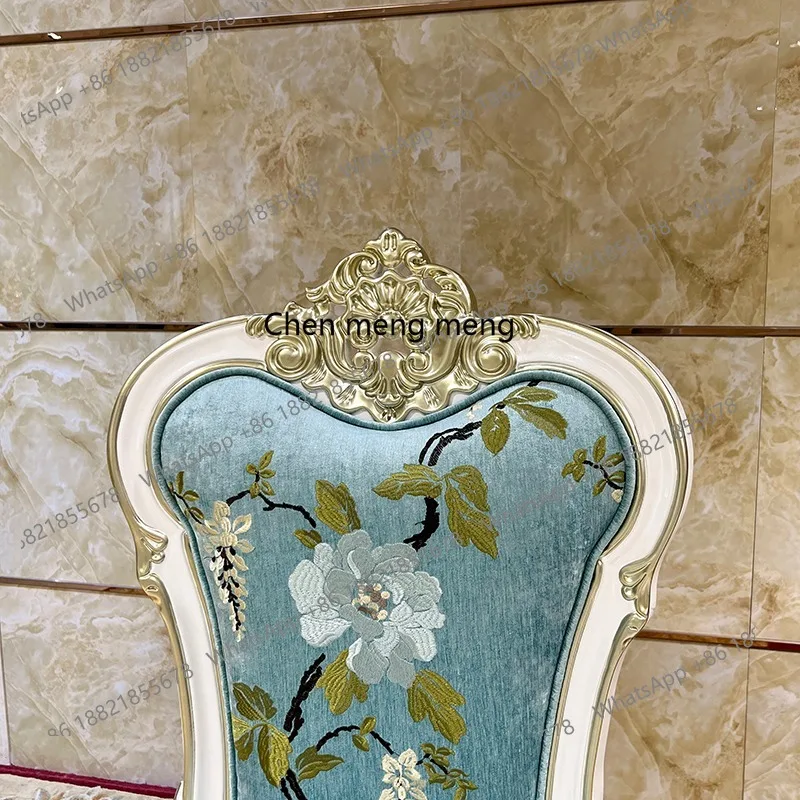كرسي طعام أوروبي قماش مطرز حقيبة ناعمة كرسي كامل من الخشب الصلب نحت زهرة طاولة طعام كرسي منزلي #5