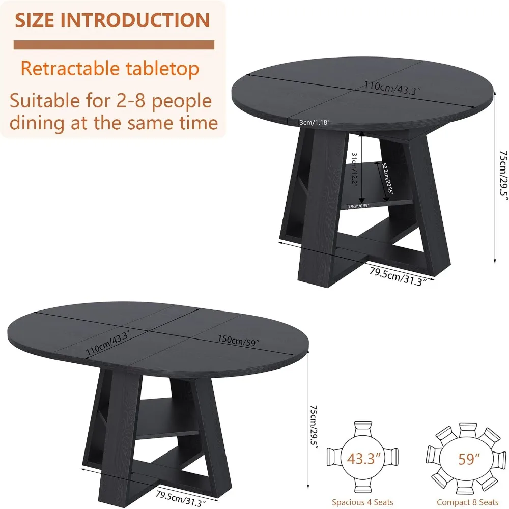 43.3-59in Extendable Round Conference Table for 4-6 People, Space Saving
