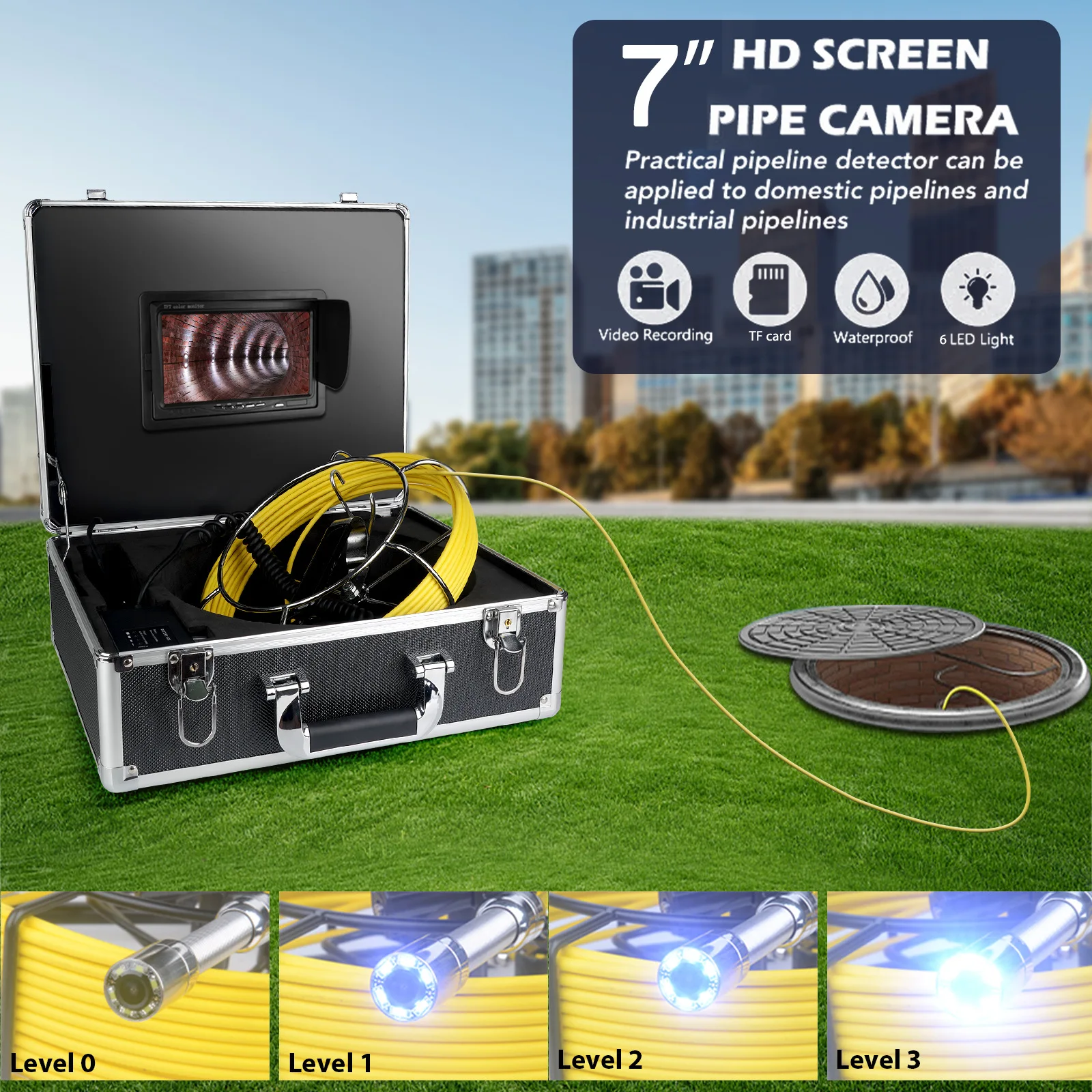 7 inch industrial pipeline endoscope sewer camera coal steam channel detector 1080