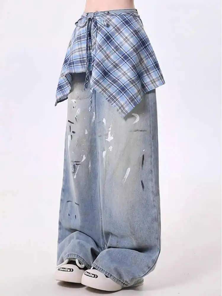 المرأة الأزرق Y2k البضائع الجينز Harajuku فضفاض واسعة الساق سراويل جينز خمر كبيرة الحجم جان السراويل الطويلة اليابانية 2000s الملابس الجديدة