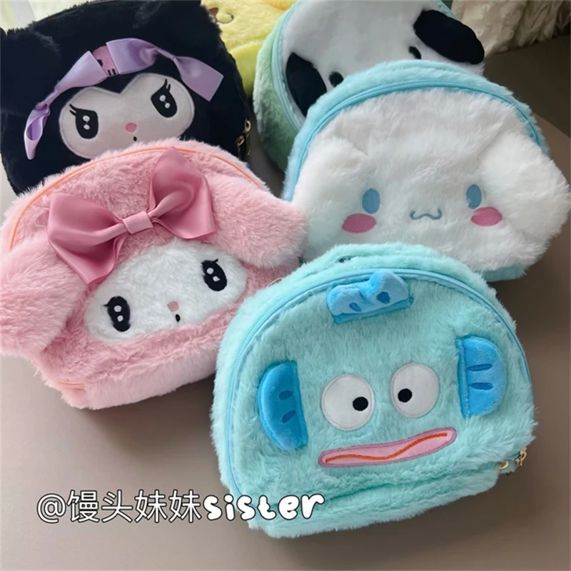 Sanrio High Capacity Cosmetic Bag Kuromi My Melody Cinnamoroll Pom Pom Purin Cartoon Plush Bag Handbag Cosmetic Storage Bag