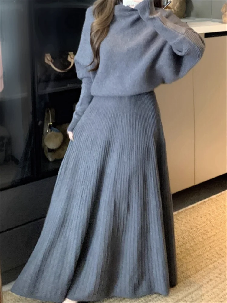 Grey Beige Knitted Two Piece Dress Sets Fall/winter Turtleneck Batwing Sleeve Sweater&Pleated A Line Long Skirt Casual 2pc Suits