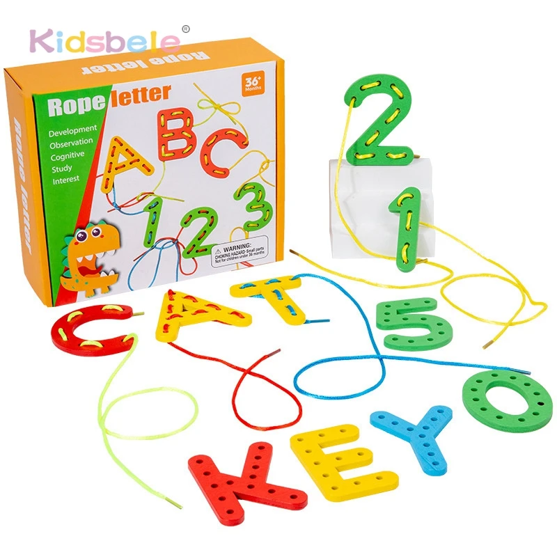 Lacing Letter Toy Alphabet Number Threading Game Educational Wood Lacing ABC Toy Montessori for Car Home Travel Kids Children