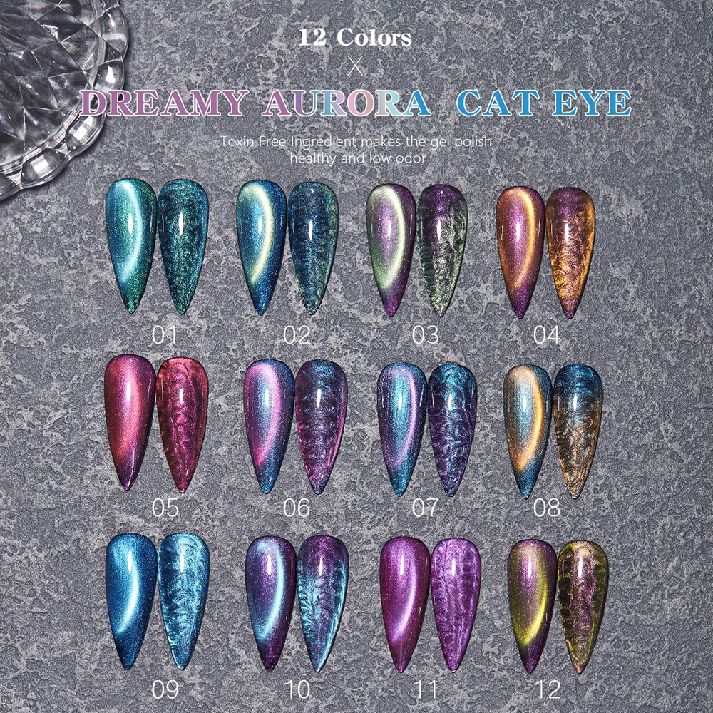 Vendeeni 12 Farben/Set Traumhafter Aurora Katzenaugen-Gel-Nagellack Magnetischer UV-LED-Gel-Lack mit Display – Detail 6