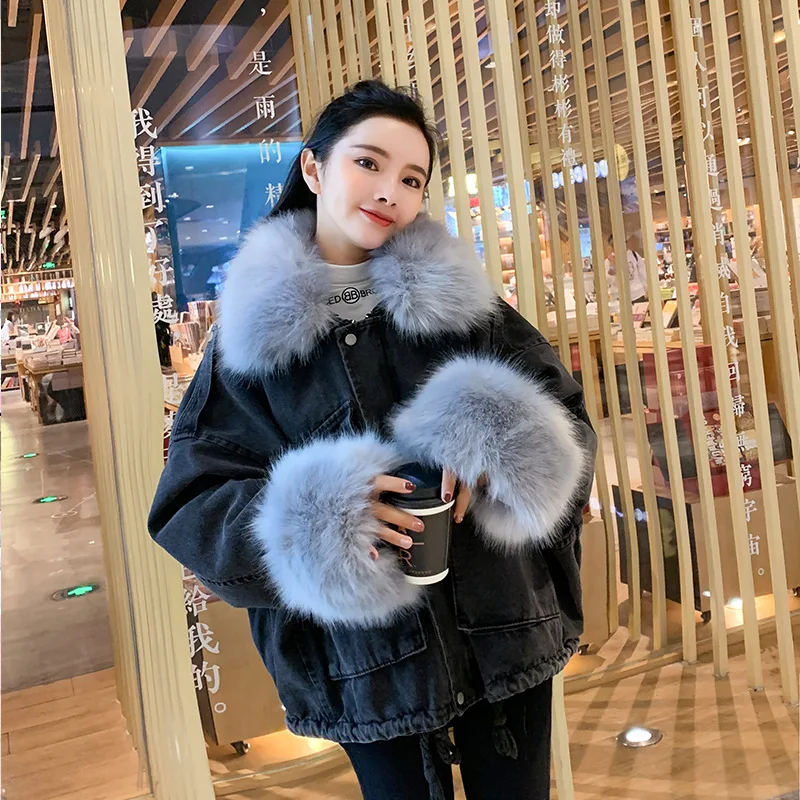 European Style Plush Cotton Fur Collar Denim Coat Women\'s Autumn Winter New Zipper Large Pocker Thickening Jean Jacket