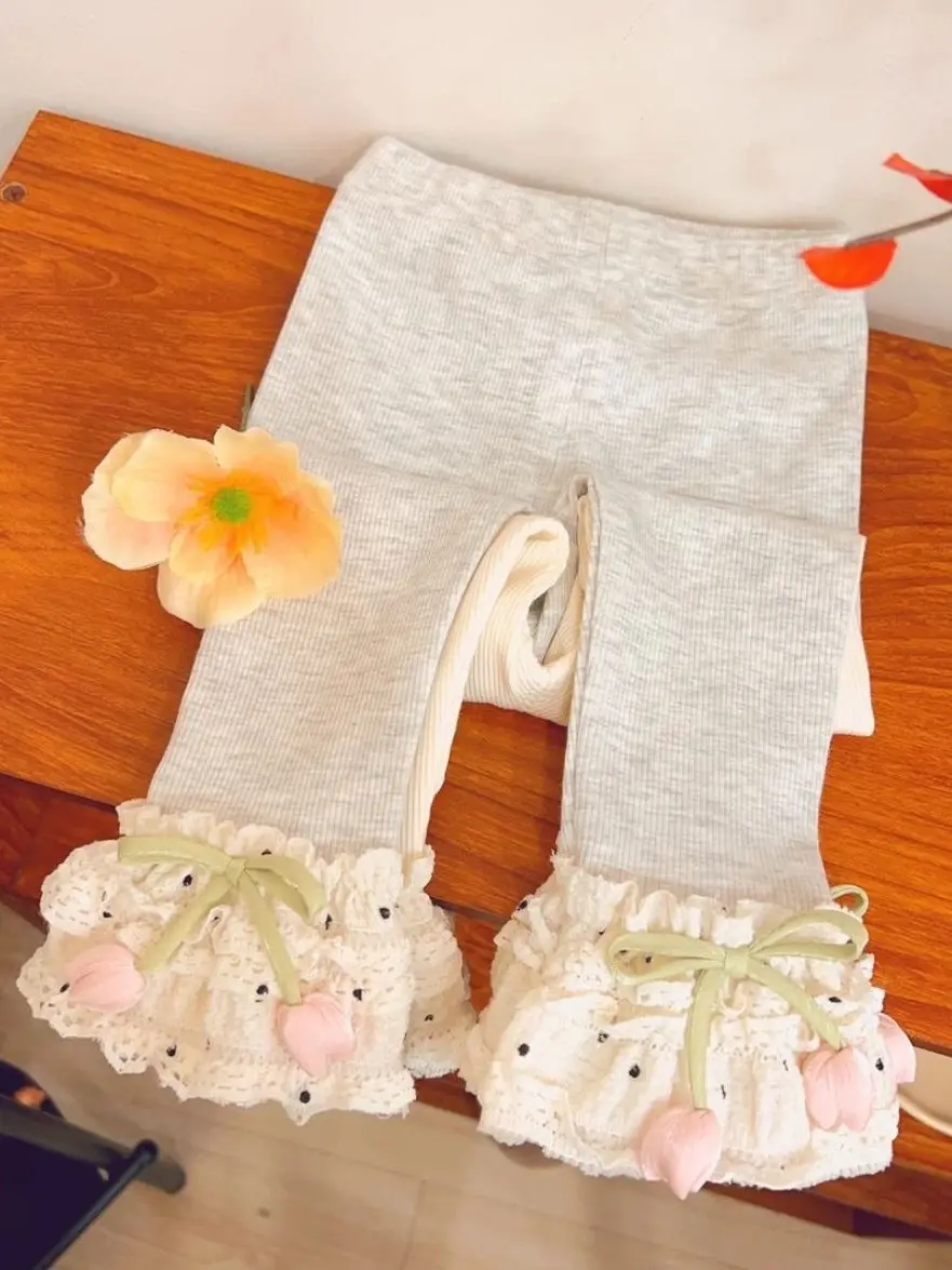 Niedliche Polka-Dot-Spitzen-Tulpenhose für Mädchen Herbst Vielseitige Oberbekleidung Trendige Lange Leggings Anderes Material