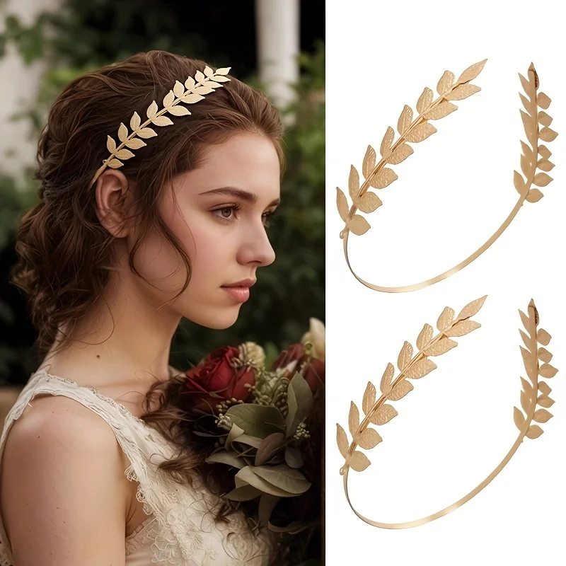Golden Leaf Back-Wearing Headband in Baroque Style, Olive Branch Design, Elegant Goddess High Crown Fashion Metal Hairpin