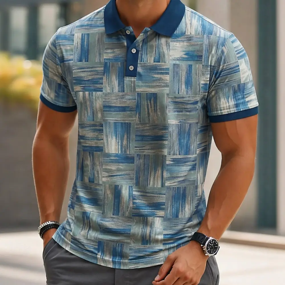 Men's Geometric 3D Print Sports Polo Shirts Short Sleeve Collared Button Casual Athleisure Spring & Summer Blue Purple Green