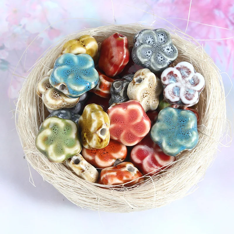 16MM Retro Kiln Ceramic Flower Glaze Dyeing Loose Spacer Beads Handmade For Jewelry Making Bracelet Necklace Accessories DIY