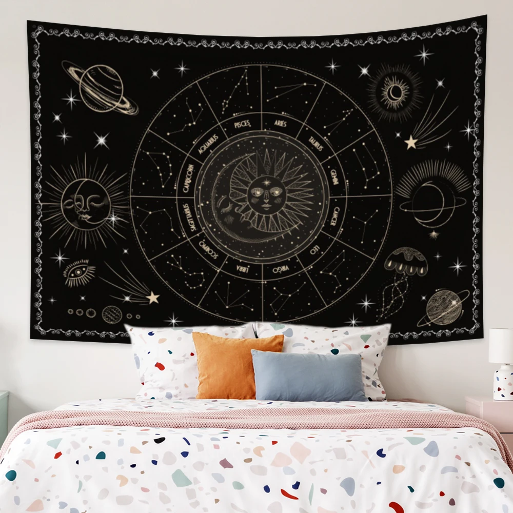 Black Moon And Sun Constellation Divination Tapestry Wall Hanging Trippy Tapestry For Bedroom Living Room Dorm Home Decor