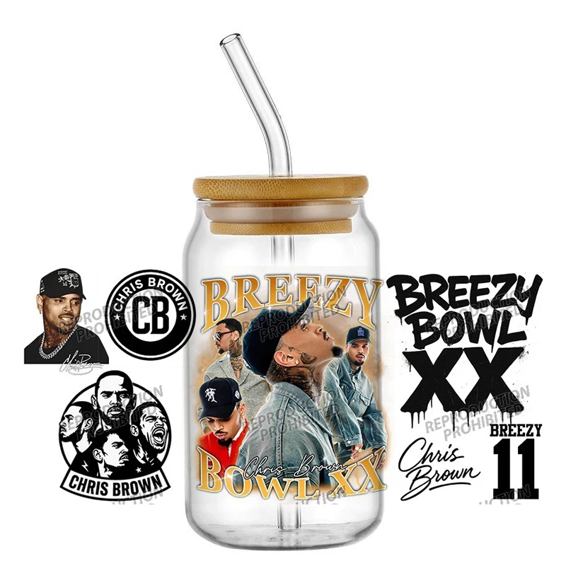 New Popular Singer Chris Brown Transfer 3D Sticker UV DTF For 16oz Libbey Glass Cup Collection Can Mug Wraps Tumbler Decals view 5