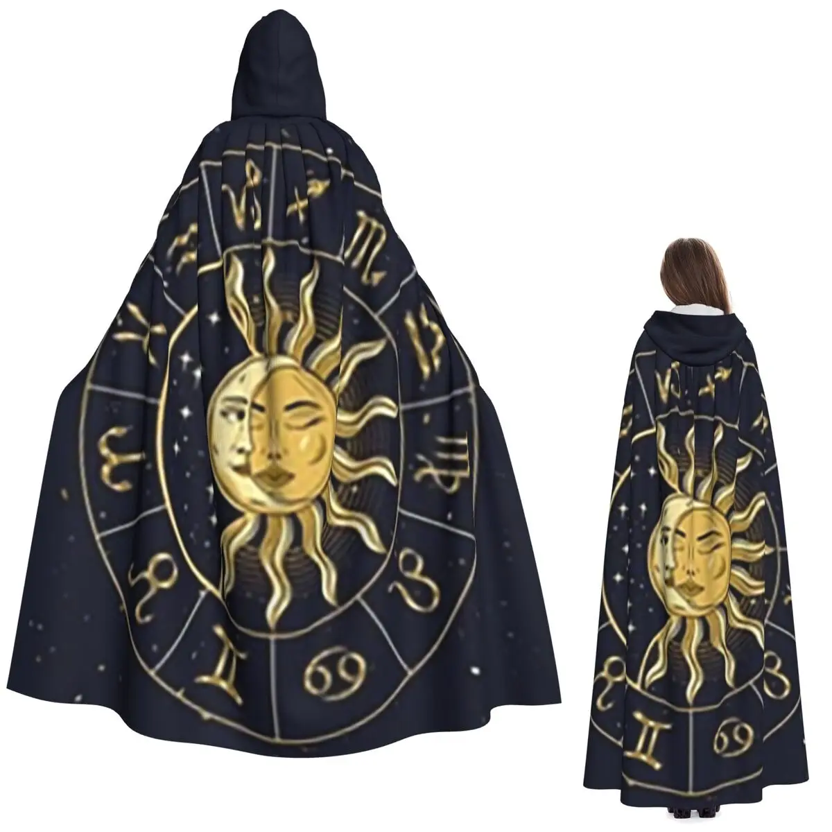 เสื้อคลุมยาวมีฮู้ดลายวงล้อโหราศาสตร์พร้อมสัญลักษณ์จักรราศี ชุดแม่มดยุคกลาง คอสเพลย์ เสื้อคลุมฮาโลวีน สำหรับผู้ใหญ่ ทุกเพศ