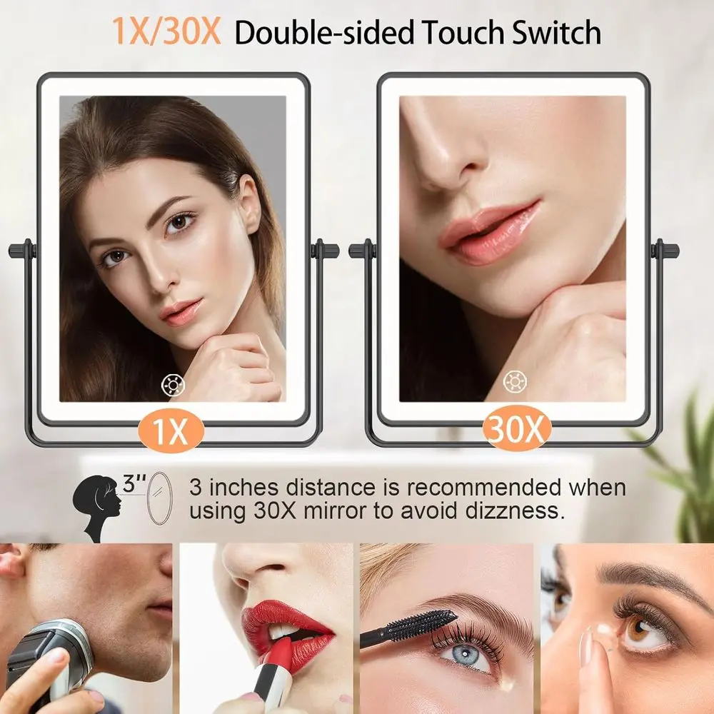 8.7 360 °   Obracane lusterko do makijażu montowane na ścianie z baterią 5000mAh, powiększenie 1X/30X, 3 kolory oświetlenia, włącznik dotykowy, składane
