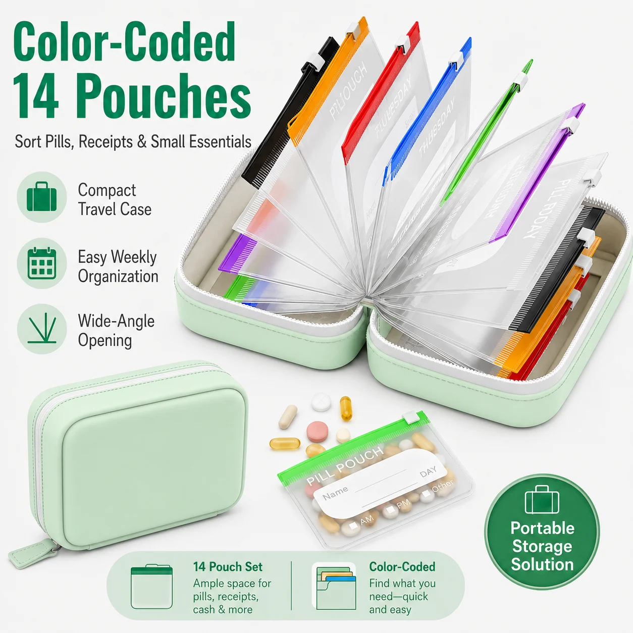 旅行用ピルオーガナイザー、14個の再利用可能なジッパーポーチ - Food Storage Essentials のレビューと価格