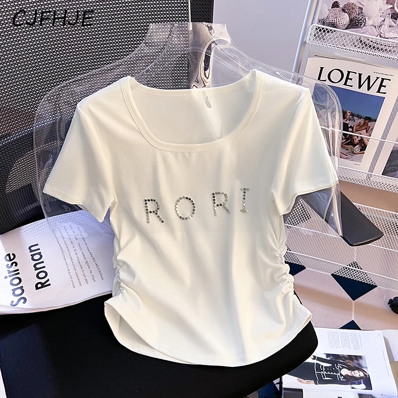 

CJFHJE New Women's Fashion Shoulder Short Sleeve T-shirt Korean Slim Fit High Waist Women Short Square Neck Printed Top Student