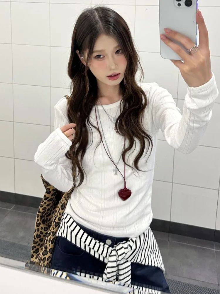 

Long Sleeved T Shirts Knitting Womens Spring Ruffle Trim Waist String Simple Urban Modern Lady Pleat Artistic Layered Crisp Tees