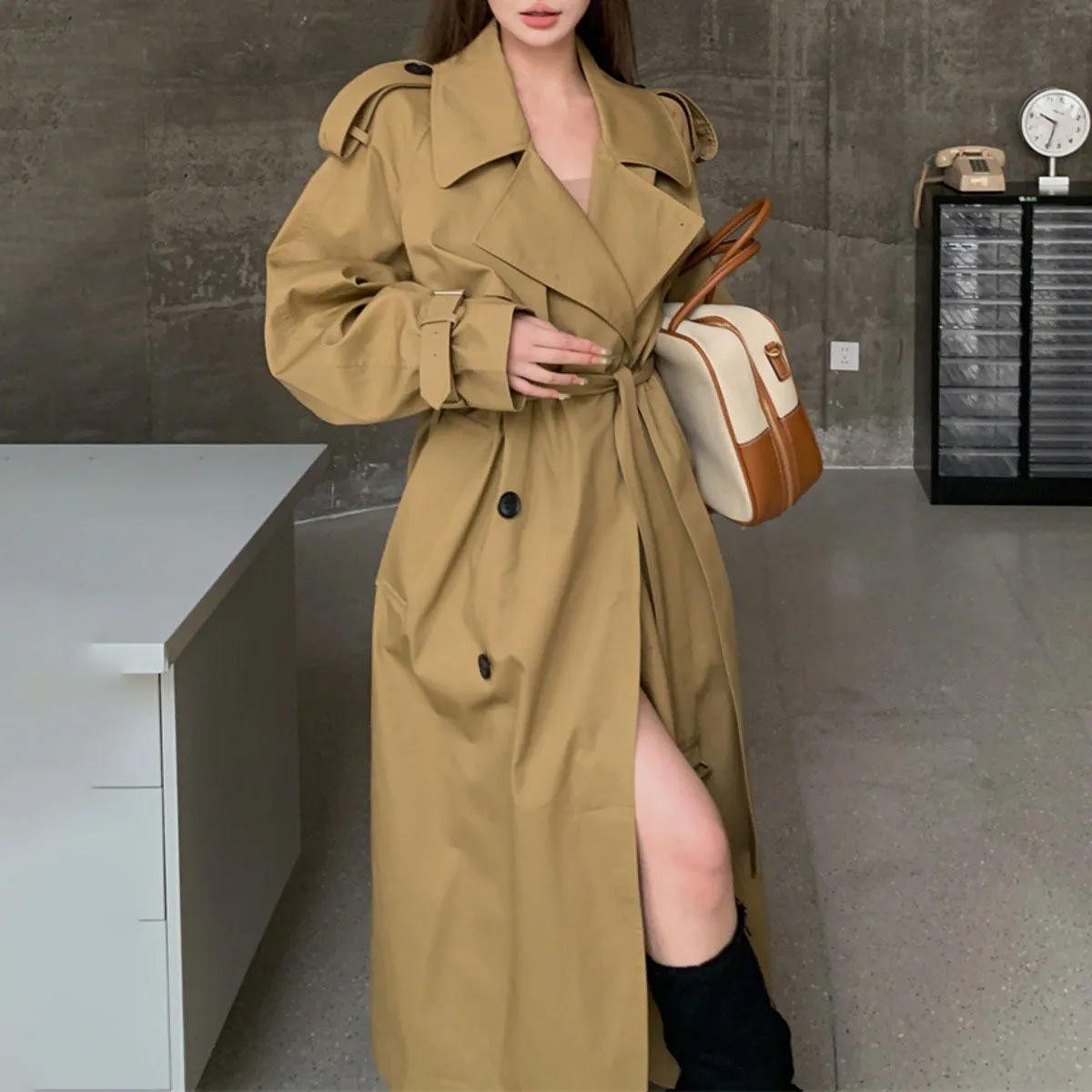

KWTX 2025 Women’s Solid Trench Coat Vintage Wide Lapel Double Breasted Long Coat Casual Outerwear Premium Quality Autumn Winter