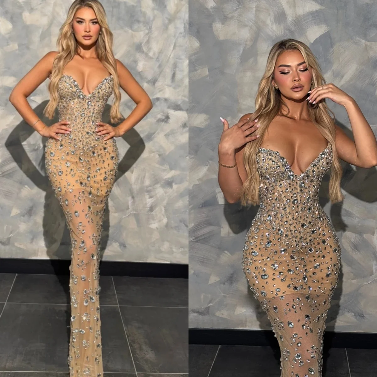 

Сексуальное вечернее платье без бретелек с кристаллами, элегантное платье для выпускного без рукавов с бисером, прозрачное вечернее платье длиной до пола, по индивидуальному заказу