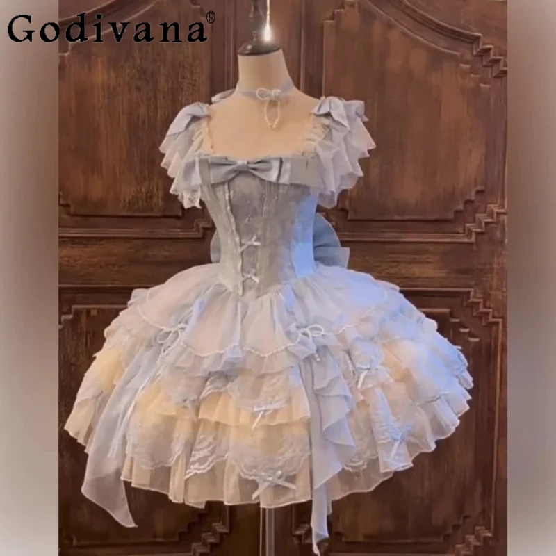 Blue Ballet Exquisite Embroidery Lolita Bow Princess Dress Girl Sweet Ruffles Elegant Square Neck High Waist A-line Cake Dresses