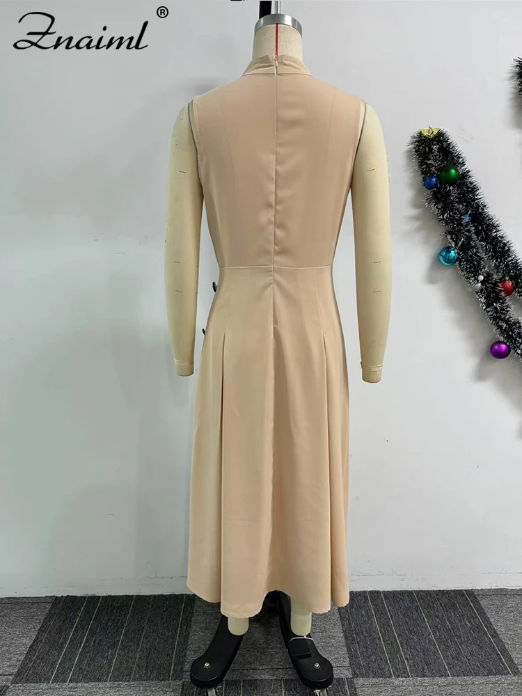 Znaiml Elegant Stand Sleeveless A-Line Pleated Khaki Mid Dresses Women Office Lady Fashion Evening Gown Birthday Prom Vestidos