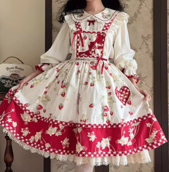 Lente Herfst Zoete Lolita Aardbei Borduren Lange Mouw Dun Shirt Schattig Meisje Leeftijdsreductie Losse Peter Pan Kraag Shirts