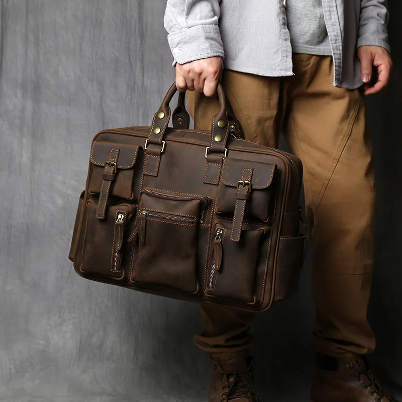 Retro Herren Leder Handtasche Oberschicht Rindsleder Aktentasche Große Kapazität Reisetasche Crazy Horse Leder Laptop Umhängetasche NZPJ – Detail 17